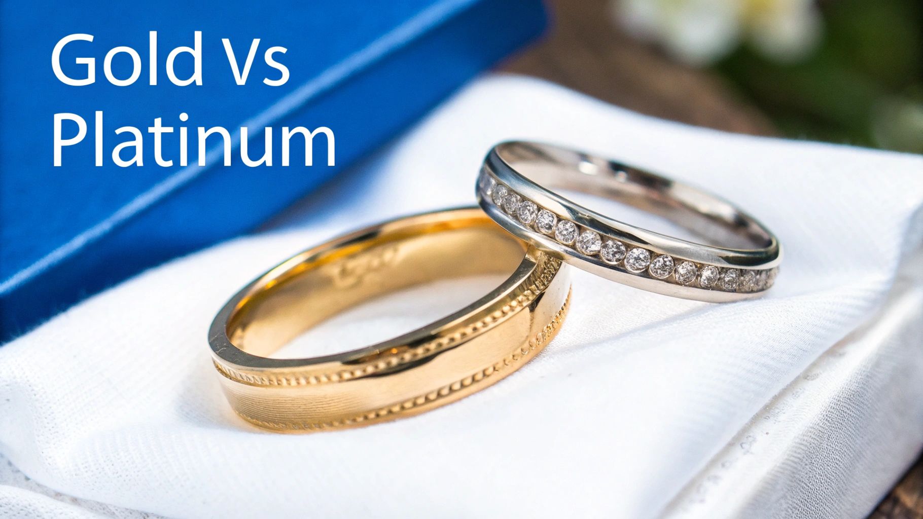 A classic platinum wedding band next to a gold one.