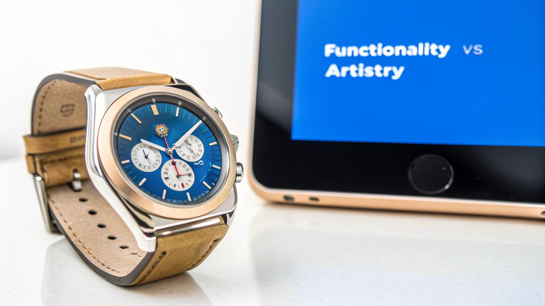 A stylish blue and gold analog watch with a brown leather strap sits beside an iPad displaying 'Functionality vs Artistry'.