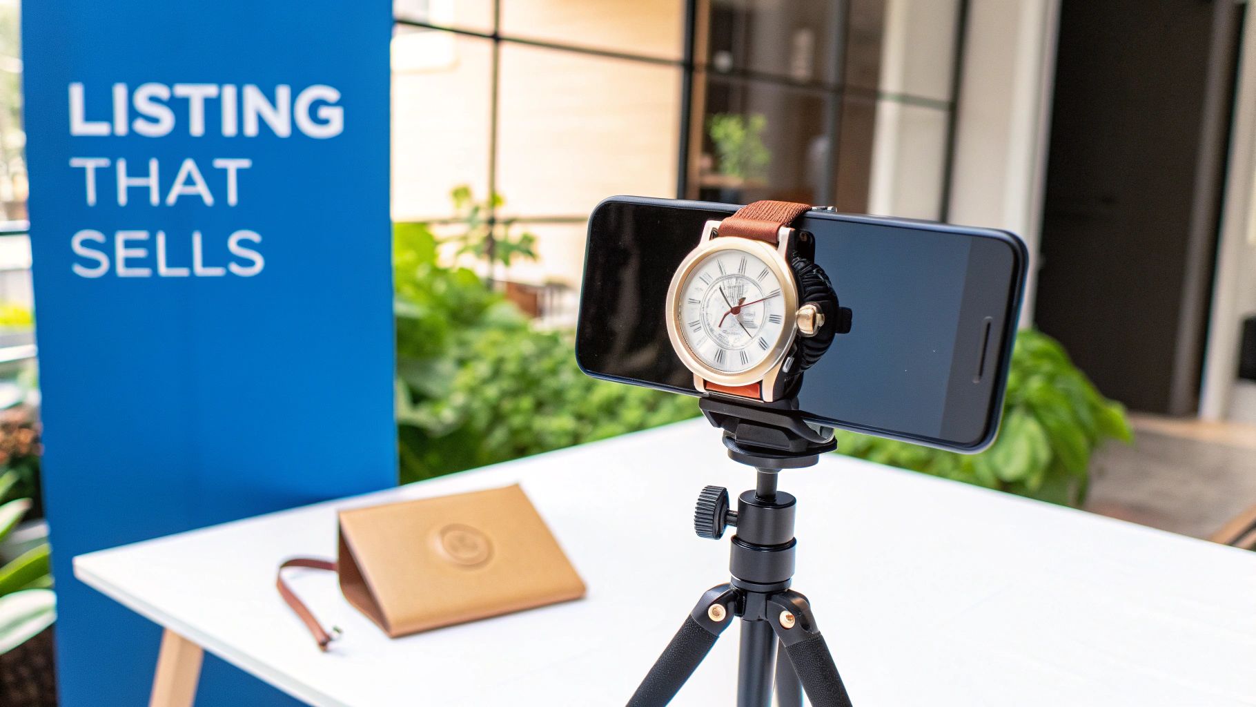 A gold watch is mounted on a smartphone on a tripod for product photography, with a 'Listing That Sells' banner.
