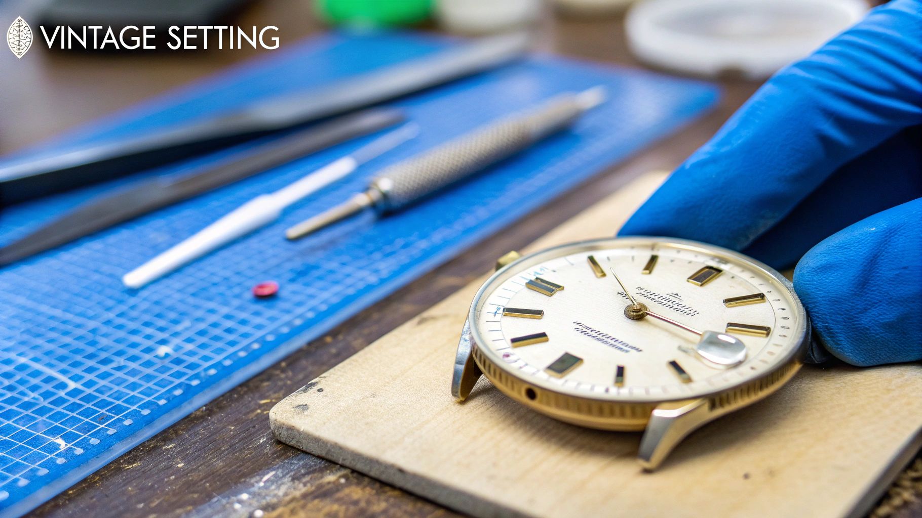 A watchmaker in blue gloves works on a vintage watch face with gold markers.