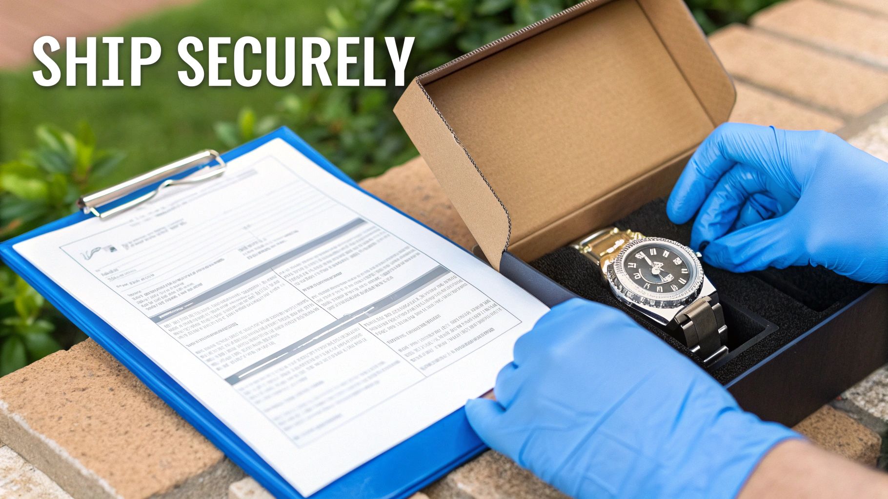 Person in blue gloves securely packaging a luxury watch into a shipping box, with a document nearby.