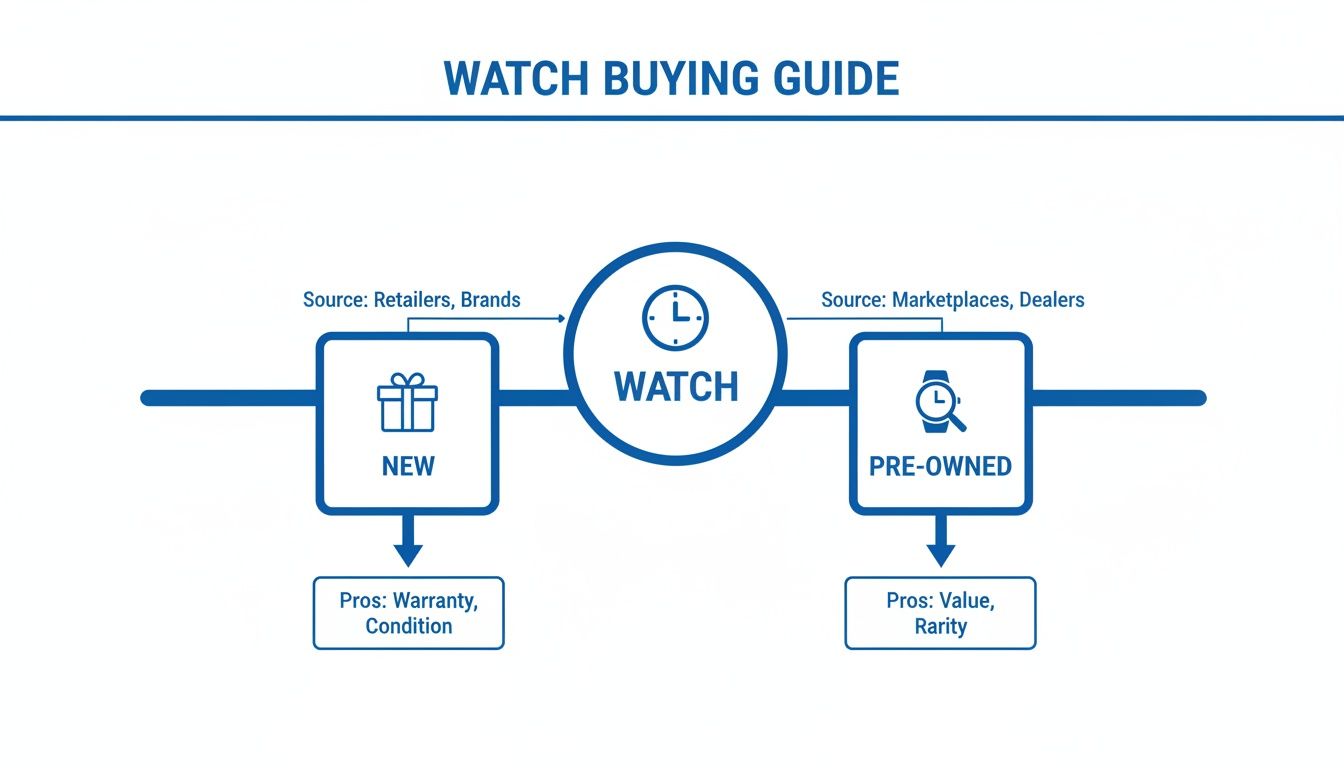 A watch buying guide flowchart comparing new watches from retailers with pre-owned watches from marketplaces.