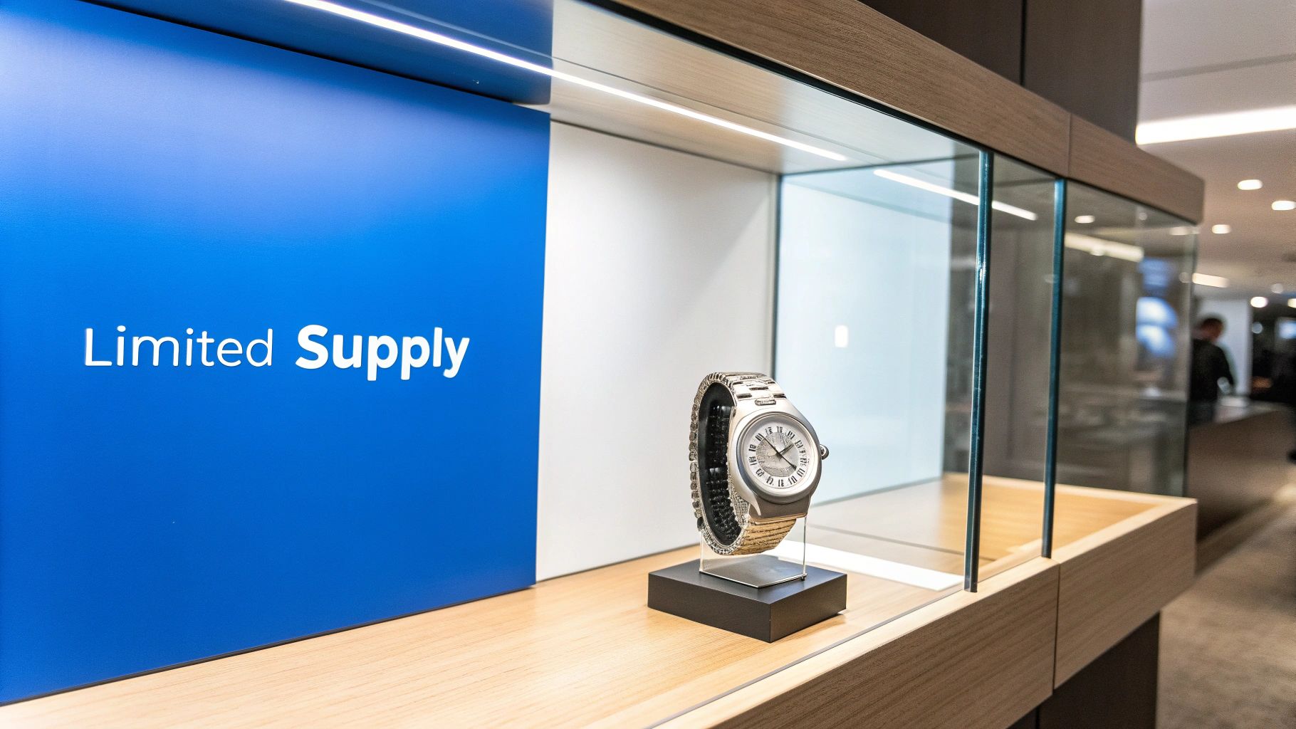 A luxurious silver watch prominently displayed in a brightly lit glass case with a 'Limited Supply' sign.