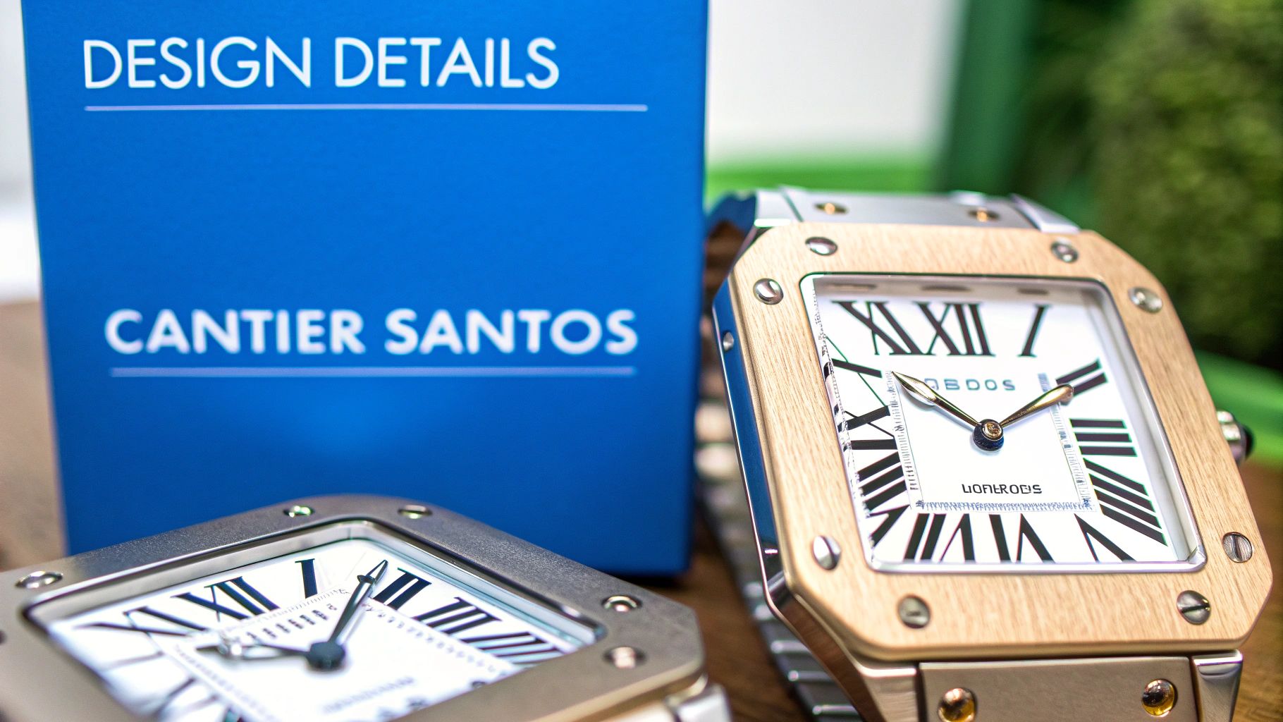Close-up of two Santos-style watches with Roman numerals, one wood and one metal, on blue.