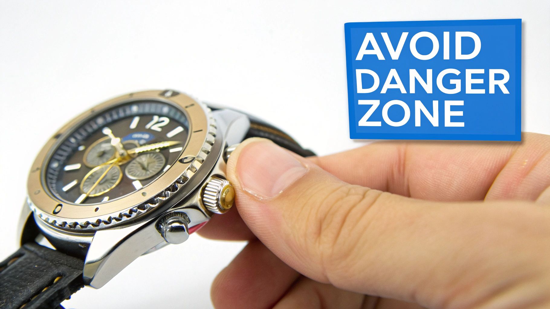 A person's finger adjusting the crown of a wristwatch, with a "AVOID DANGER ZONE" warning.