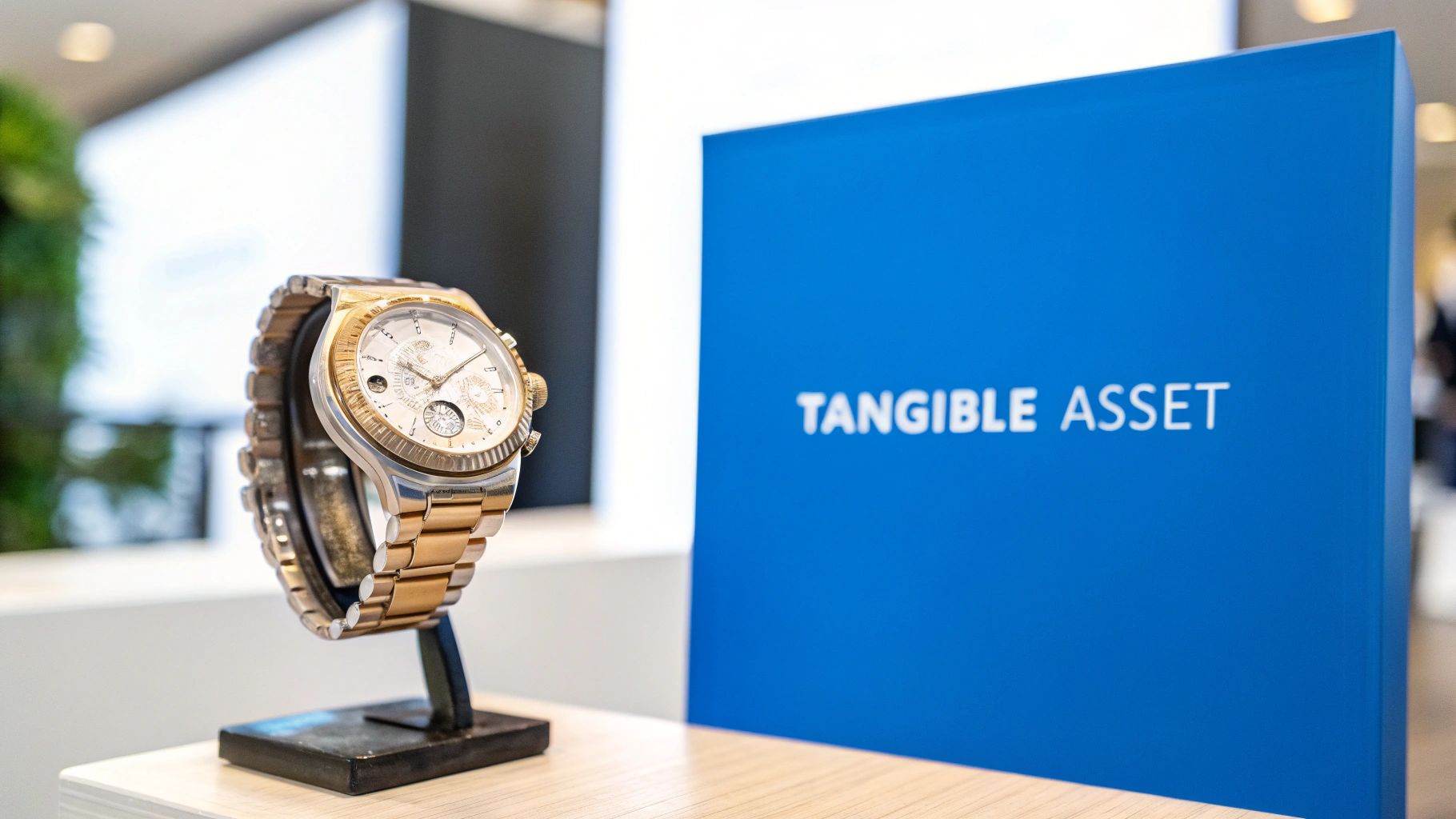 A luxury gold and silver watch on display next to a blue sign reading 'TANGIBLE ASSET'.