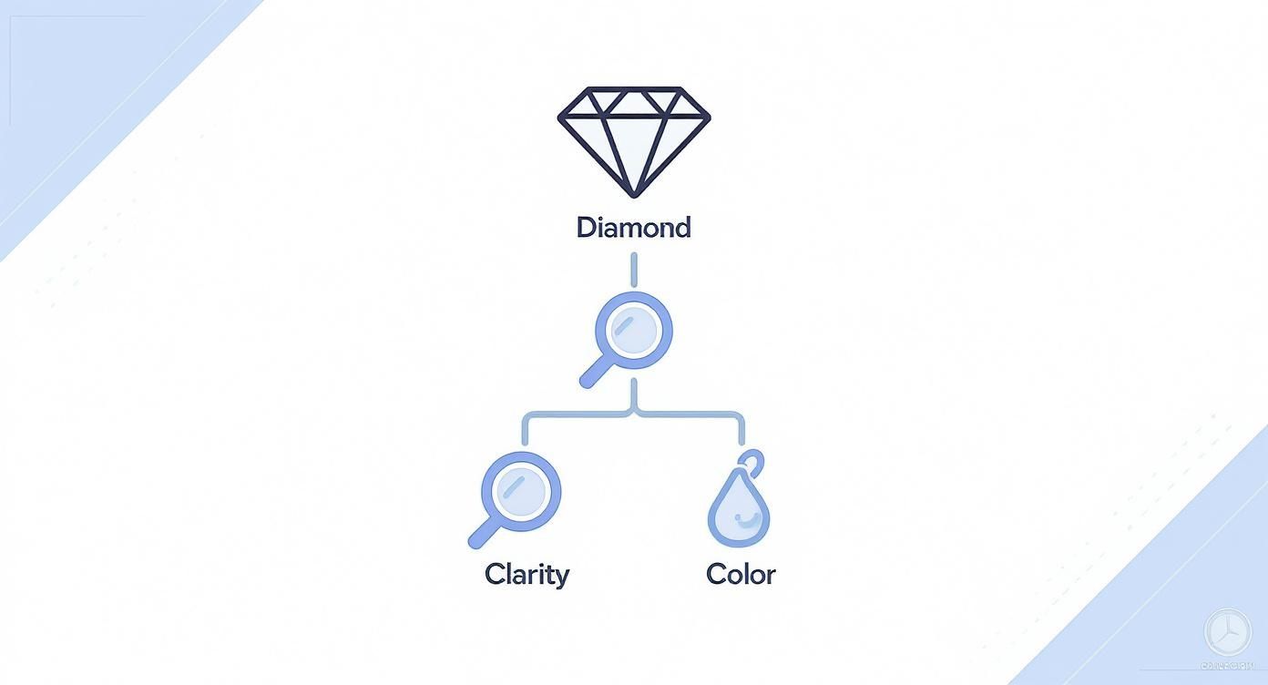 Diamond quality assessment flowchart showing clarity and color as main evaluation criteria with magnifying glass icons