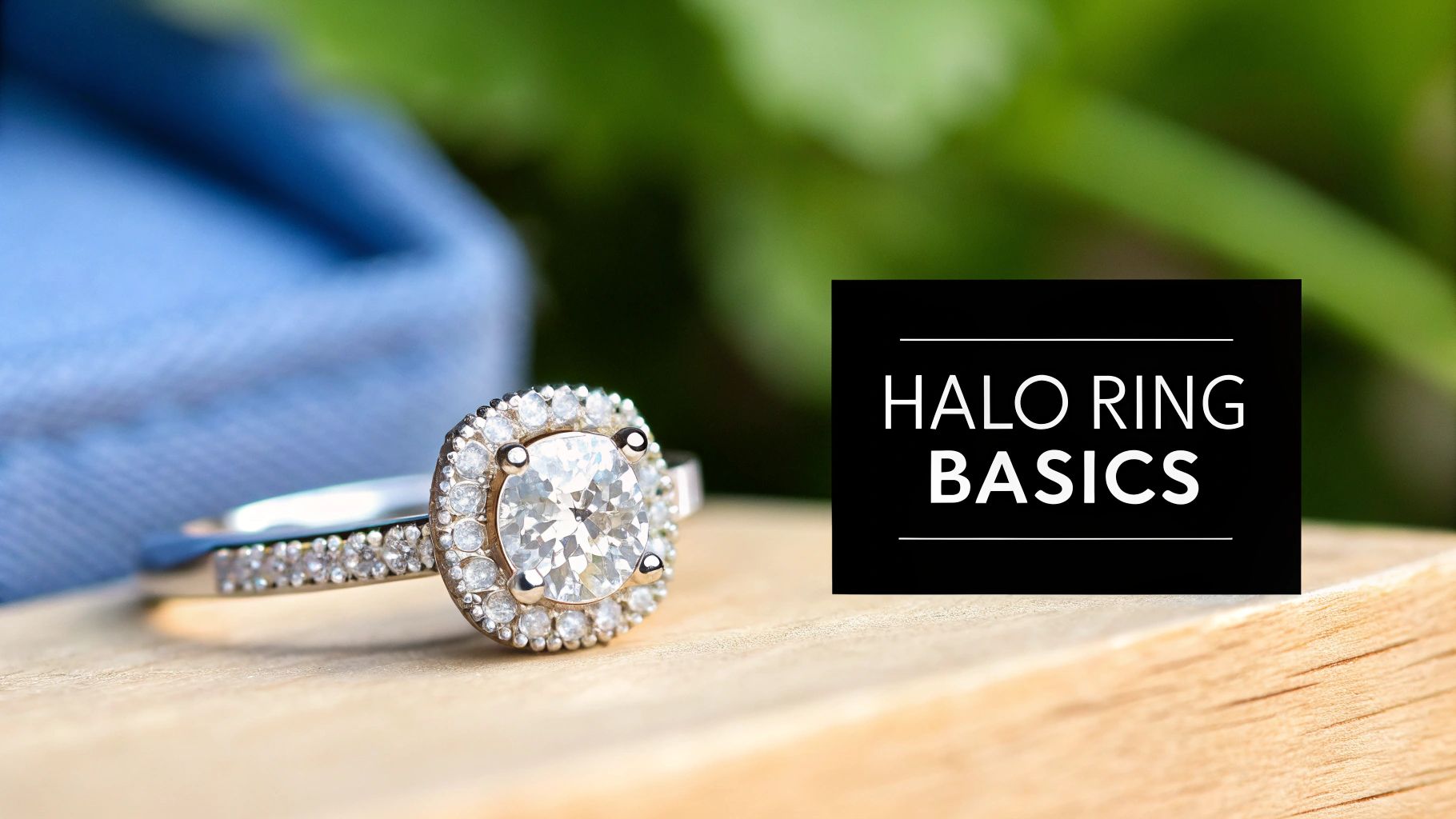 Close-up of a sparkling round brilliant diamond halo engagement ring on wood, with text 'HALO RING BASICS'.
