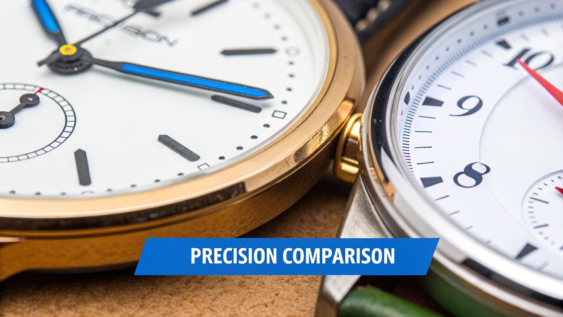 Close-up of two elegant watches, one gold with blue hands, the other silver with red, for a precision comparison.
