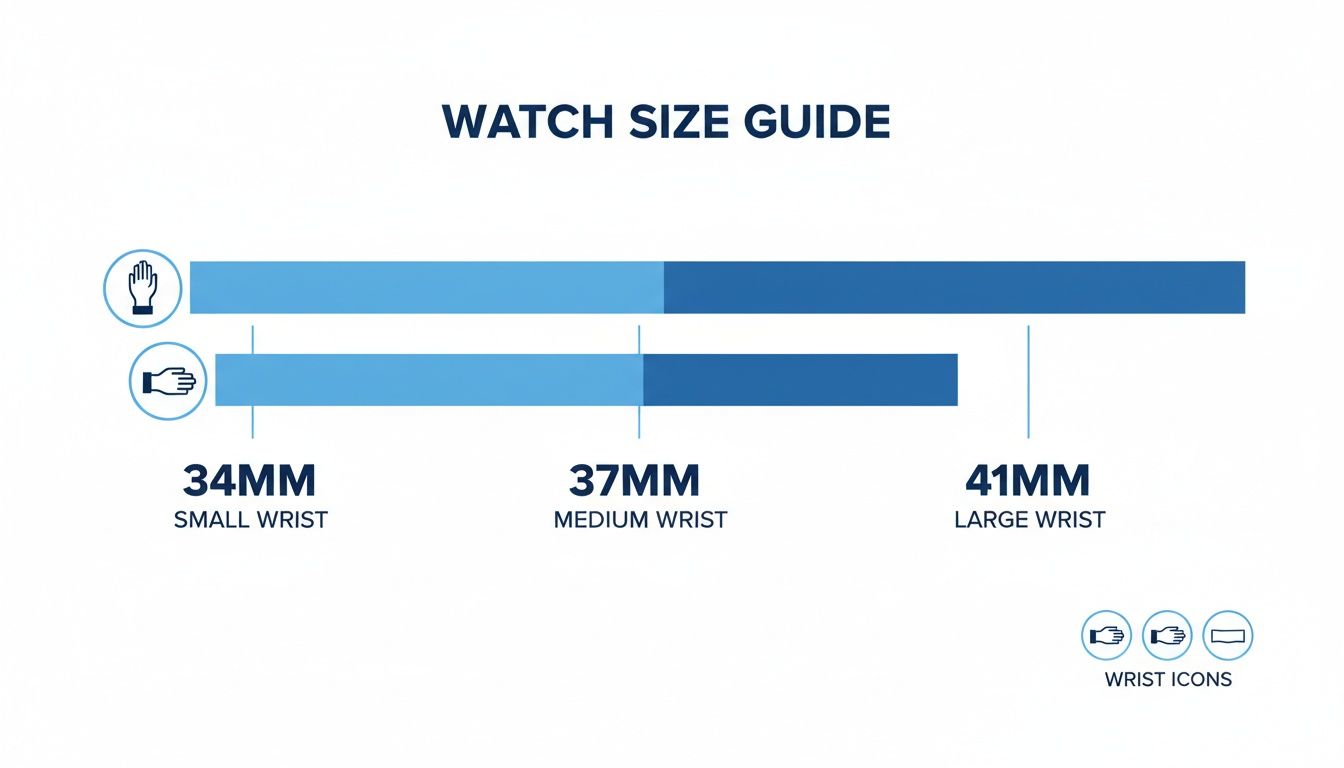 A watch size guide illustrating recommended diameters for small, medium, and large wrists.