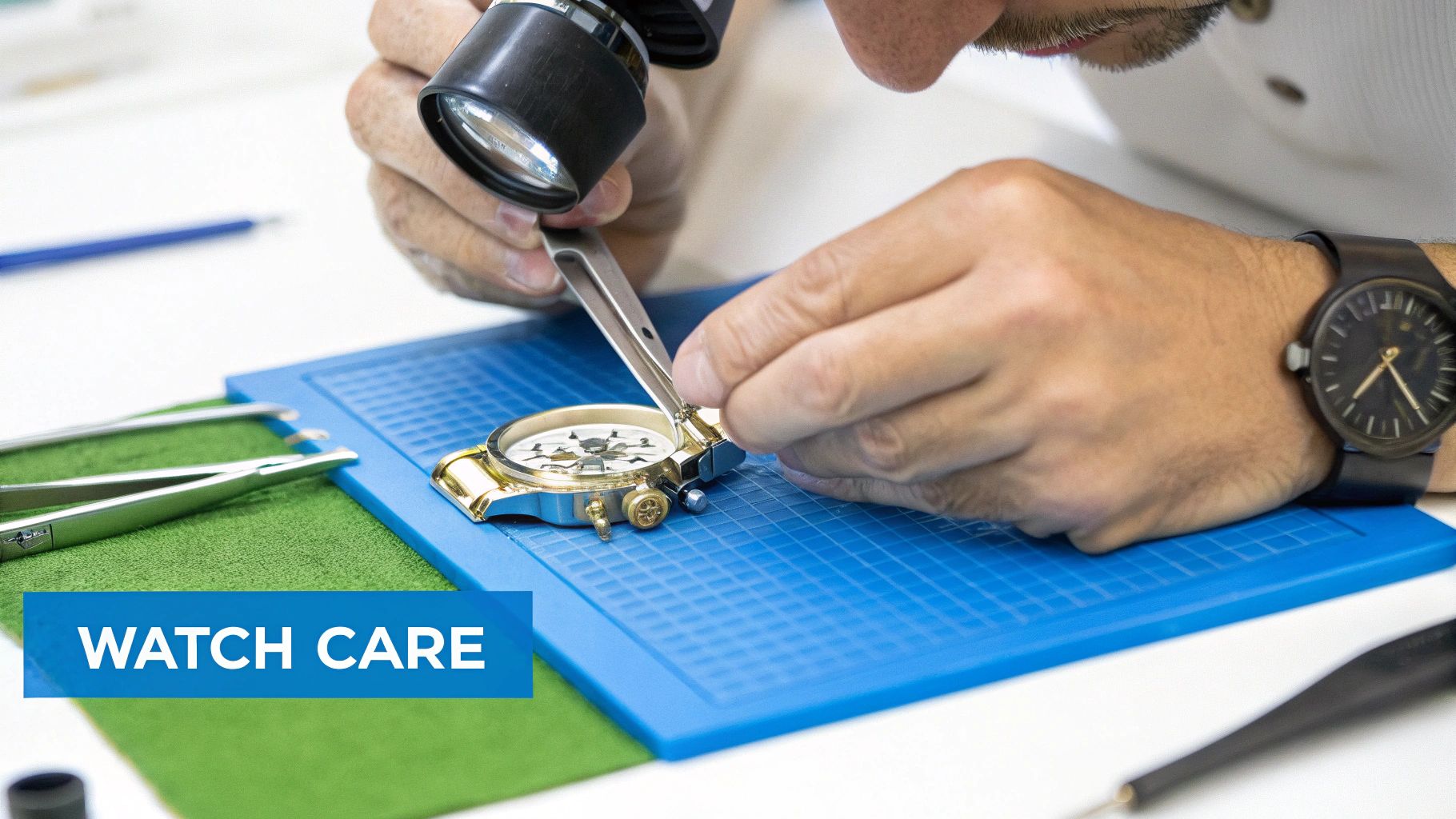 Close-up of a watchmaker's hands repairing a gold watch with tools and a magnifying loupe.