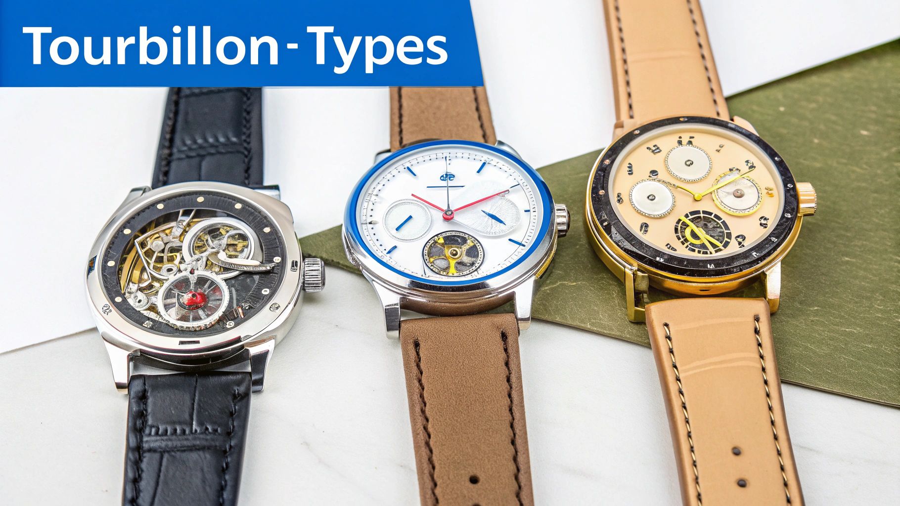 Three luxury tourbillon watches displaying different mechanical movements and complications on leather straps