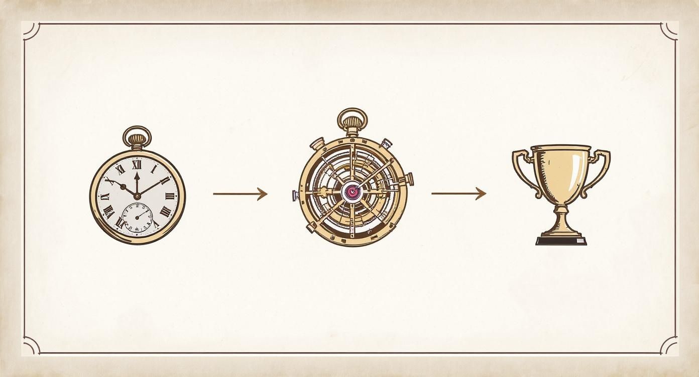 Vintage pocket watch evolving into intricate tourbillon mechanism leading to championship trophy illustration