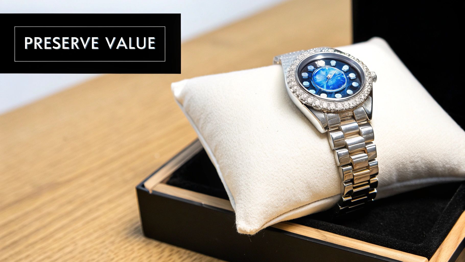 A sparkling silver luxury watch with a blue dial and diamond bezel rests on a cushion in its box.