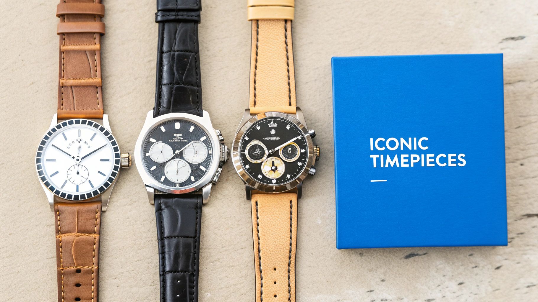 Three sophisticated watches with varying strap colors displayed alongside a blue "Iconic Timepieces" box.