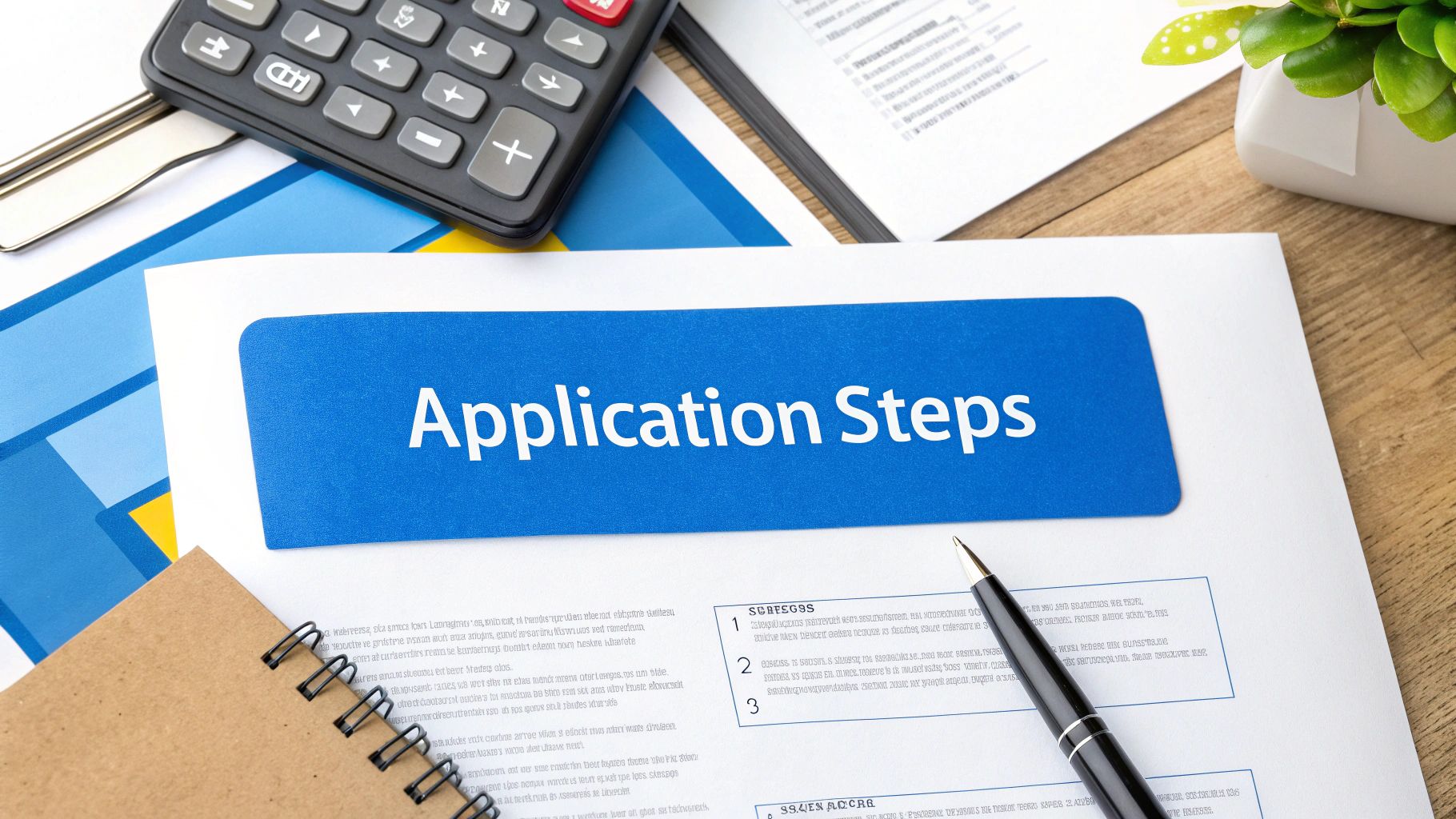 A document titled 'Application Steps' on a wooden desk with a calculator, pen, and plant.