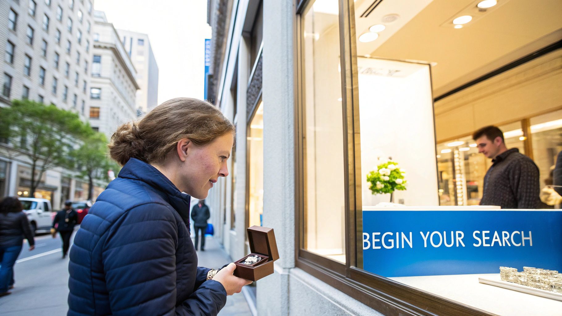 A woman in a blue jacket looks at a ring in a box while window shopping for engagement rings in New York City.