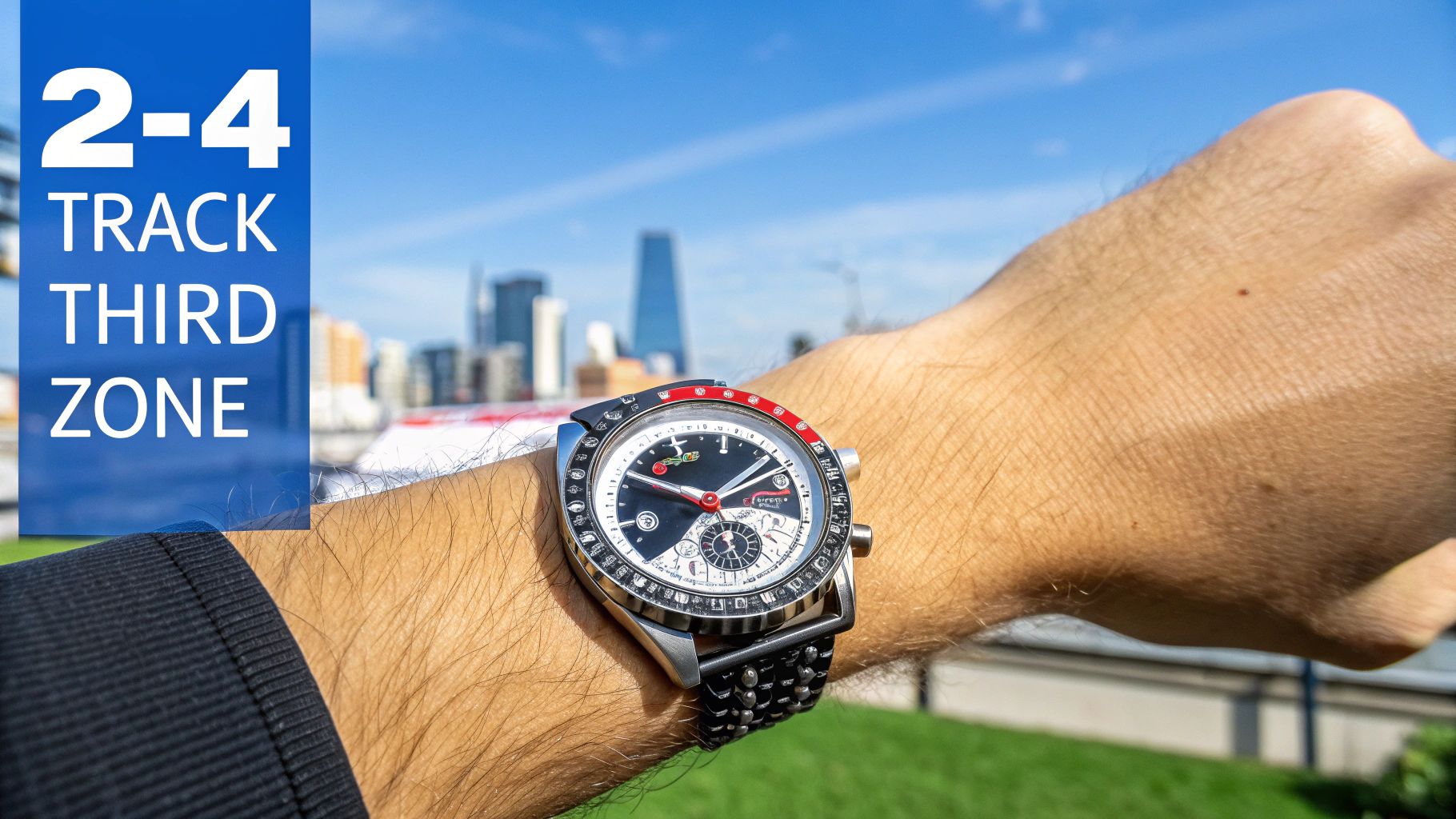 A person's arm wearing a distinctive watch with a black dial and red bezel, against a city backdrop.