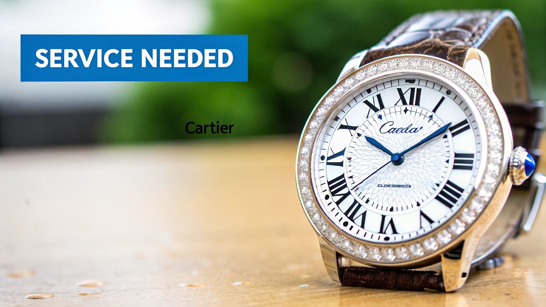 A luxurious Cartier watch with a diamond-studded bezel and a brown leather strap, on a wooden surface, with 'SERVICE NEEDED' text.