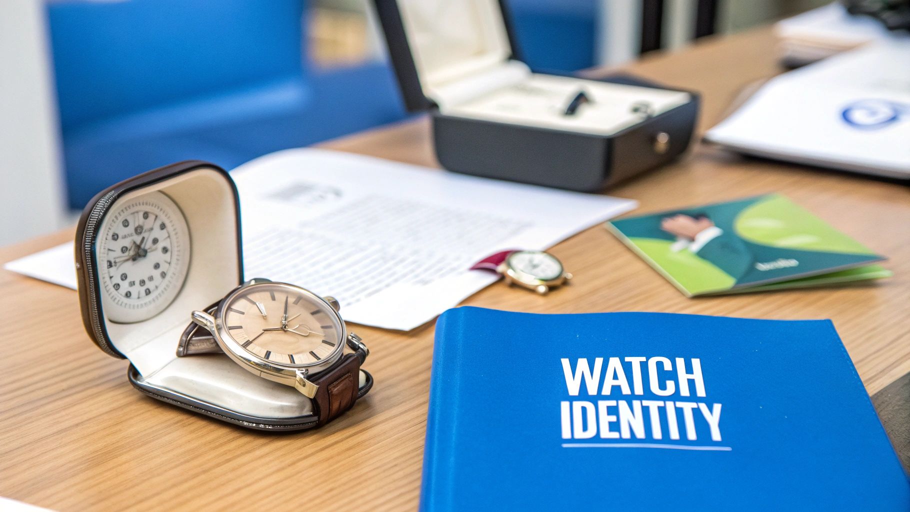 A wooden desk featuring two watches, an open watch box, and a blue 'Watch Identity' book.