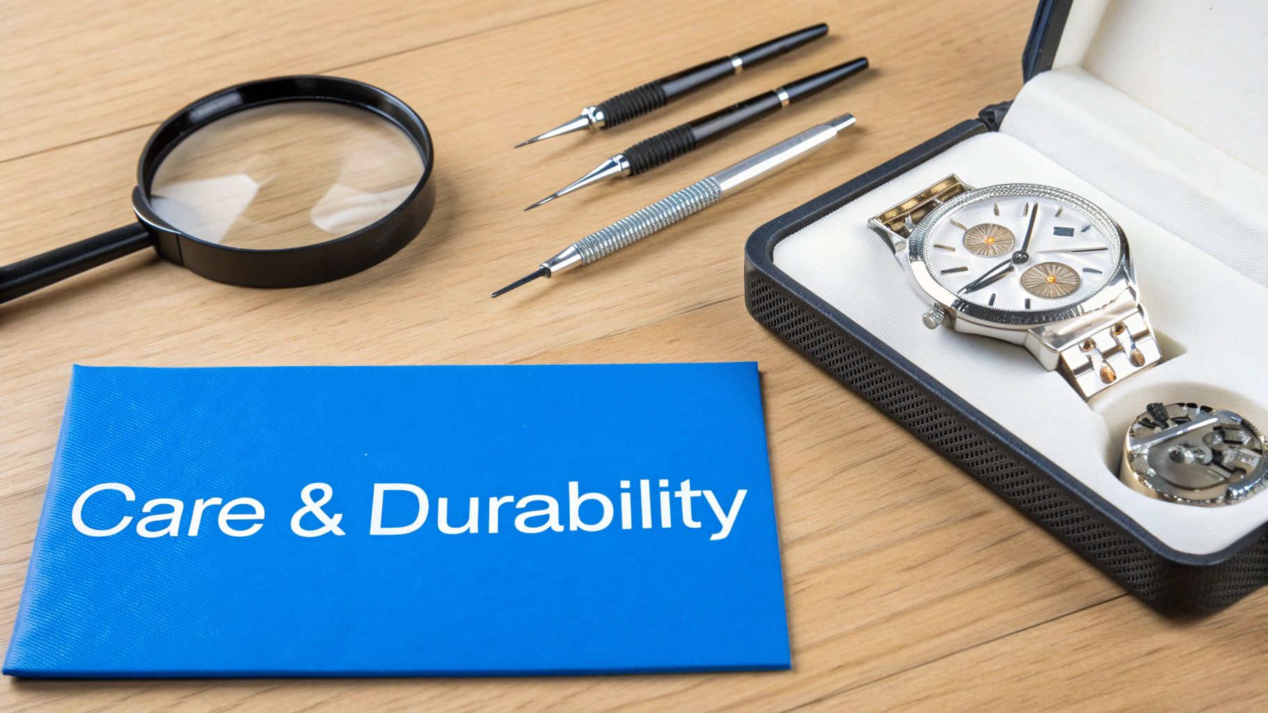 A close-up view of a watchmaker servicing the intricate gears of an automatic watch movement.