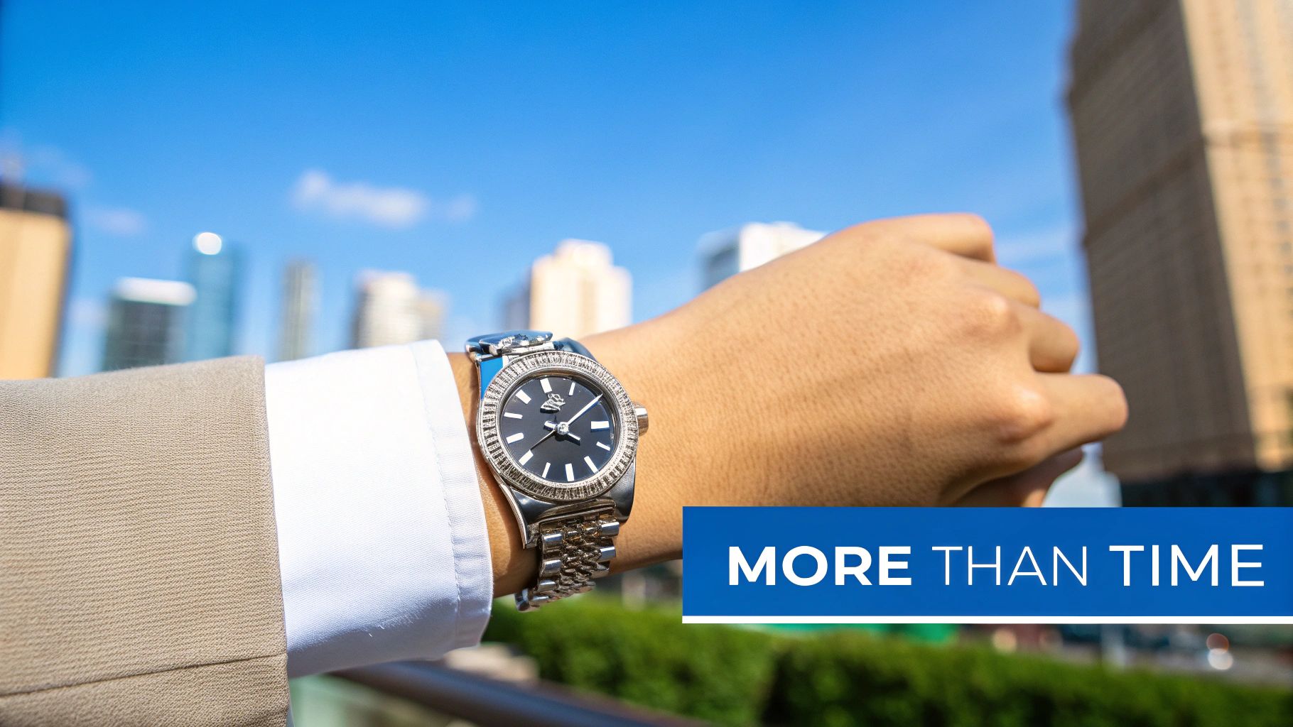 A person wears a luxurious silver watch with a black dial and diamond bezel, against a city skyline.