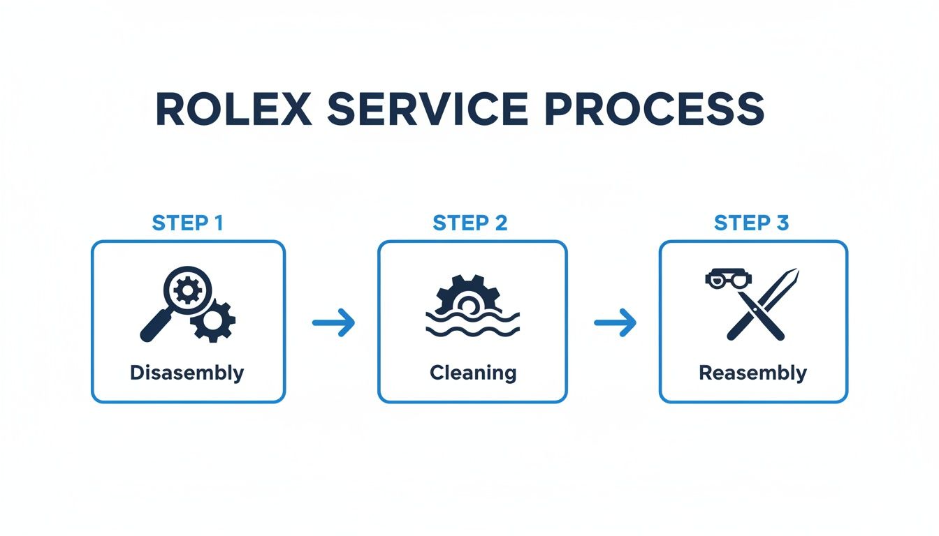 A visual representation of the Rolex service process, detailing disassembly, cleaning, and reassembly steps.