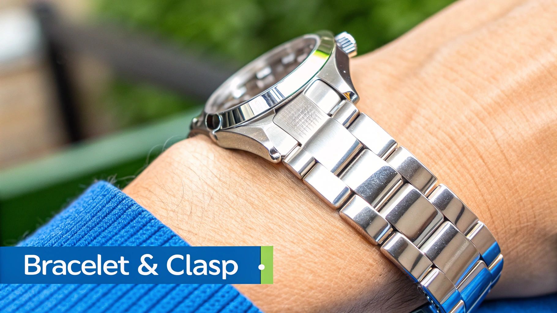 A close-up of a Rolex watch bracelet and clasp, showing the intricate details.