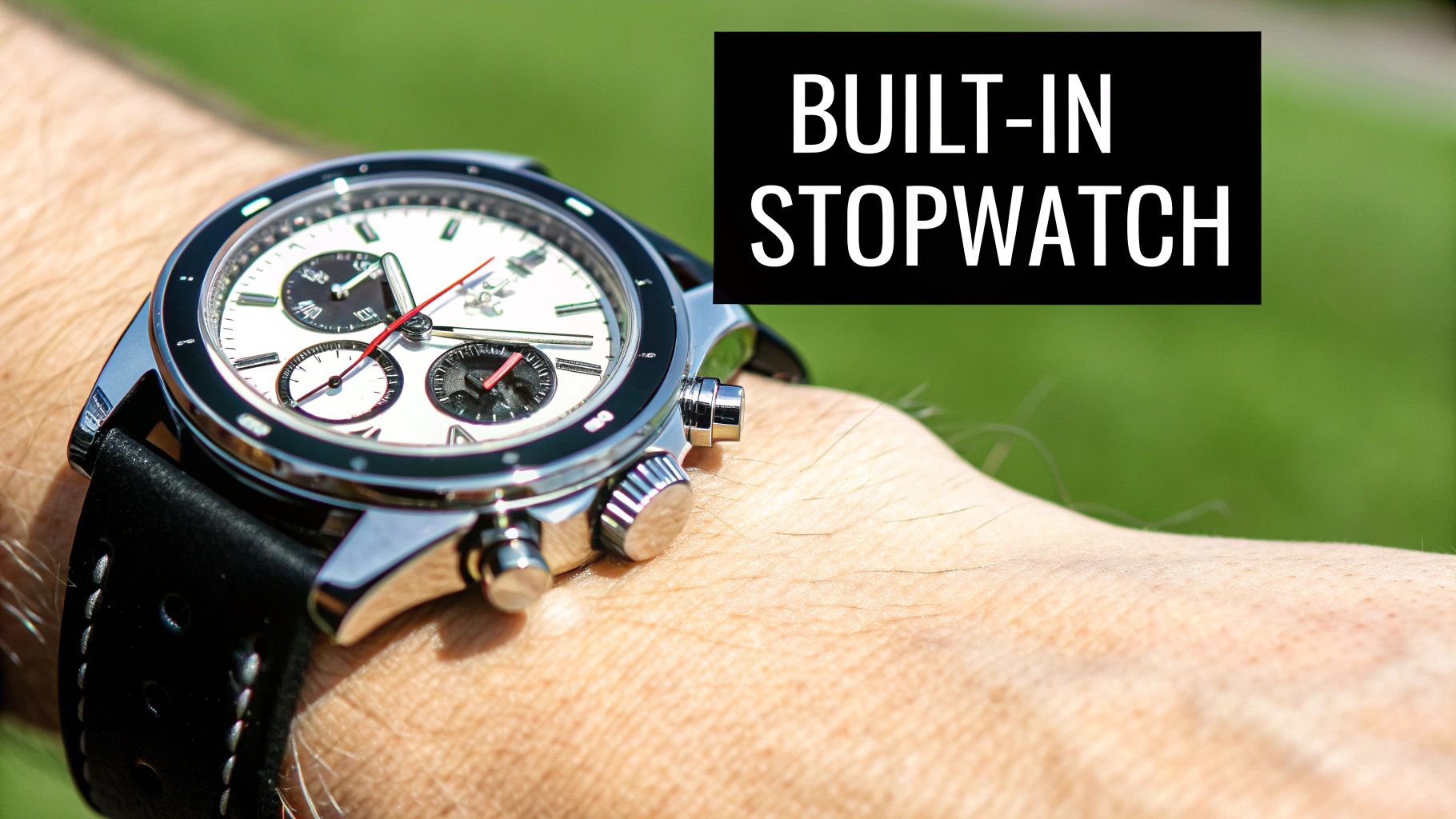 Close-up of a person's wrist wearing a stylish chronograph watch with a built-in stopwatch feature.