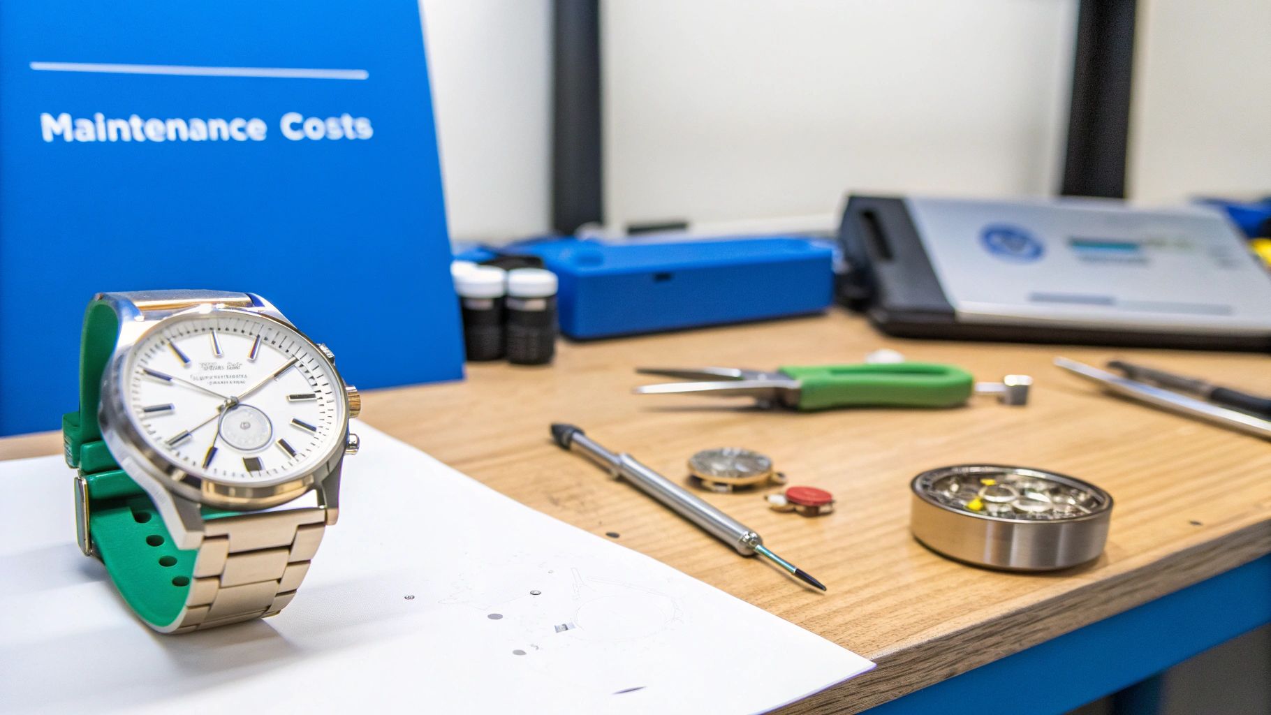 A silver watch on a green stand on a wooden desk with watch repair tools.