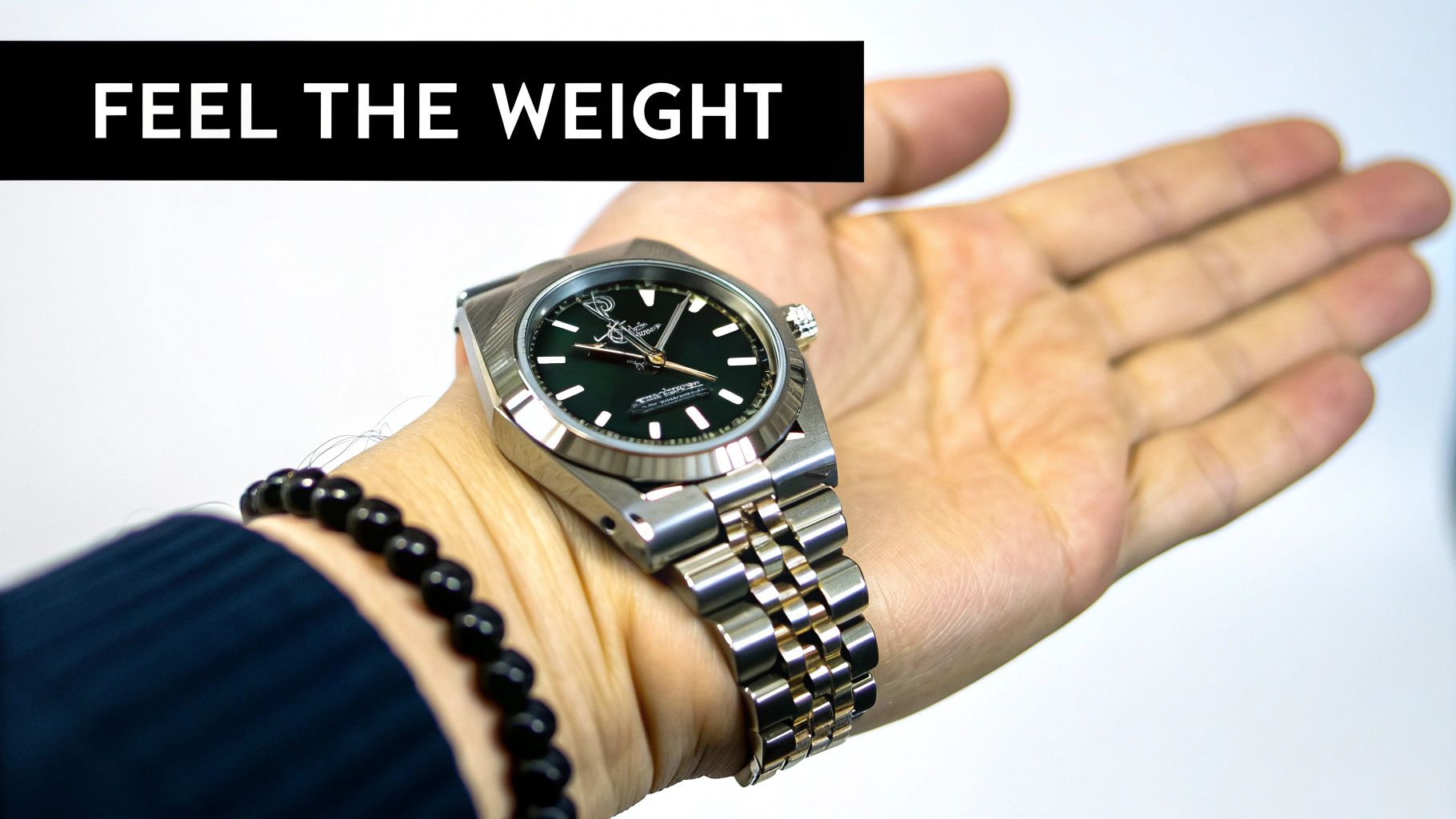 A person's wrist with a metallic watch featuring a dark green dial and a black beaded bracelet, resting on an open palm.