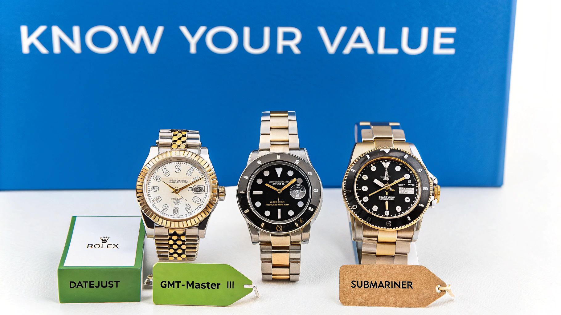 An assortment of popular Rolex models including a Datejust and GMT-Master II