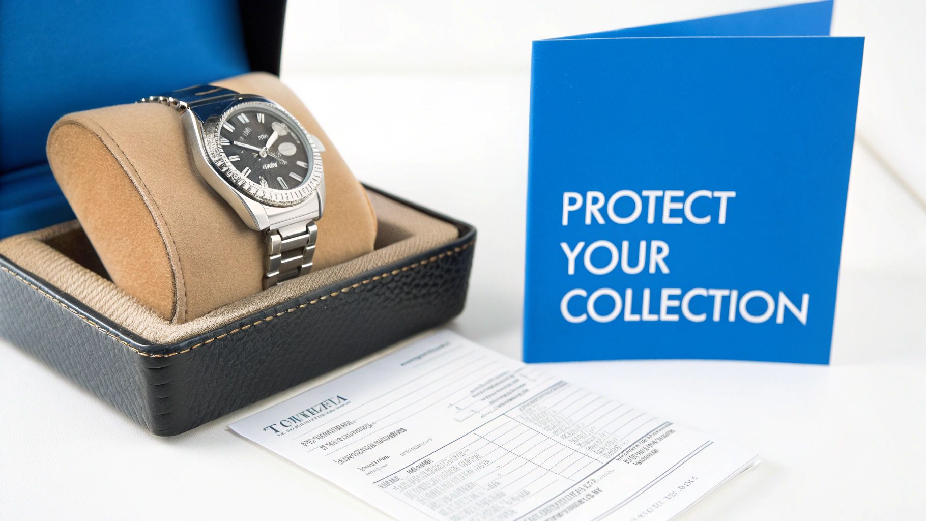 A silver watch with a black face in a display box next to a blue 'Protect Your Collection' booklet and a certificate.