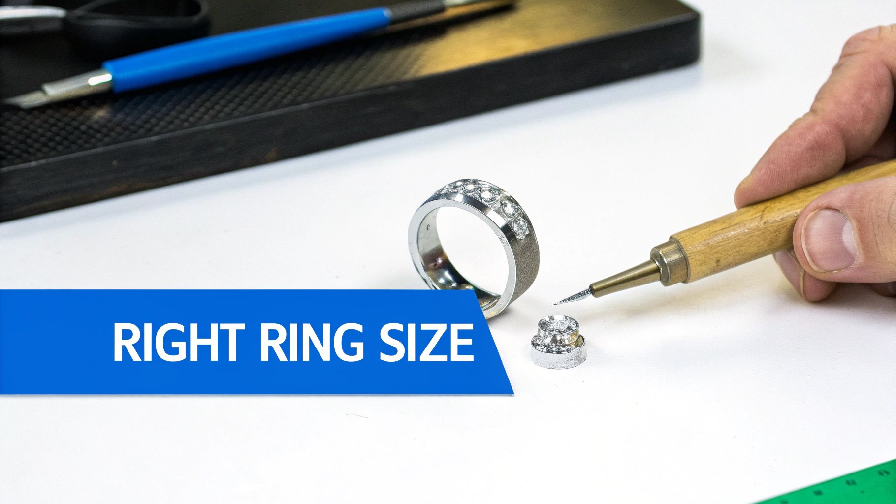 Close-up of a jeweler carefully measuring a ring's size with a mandrel