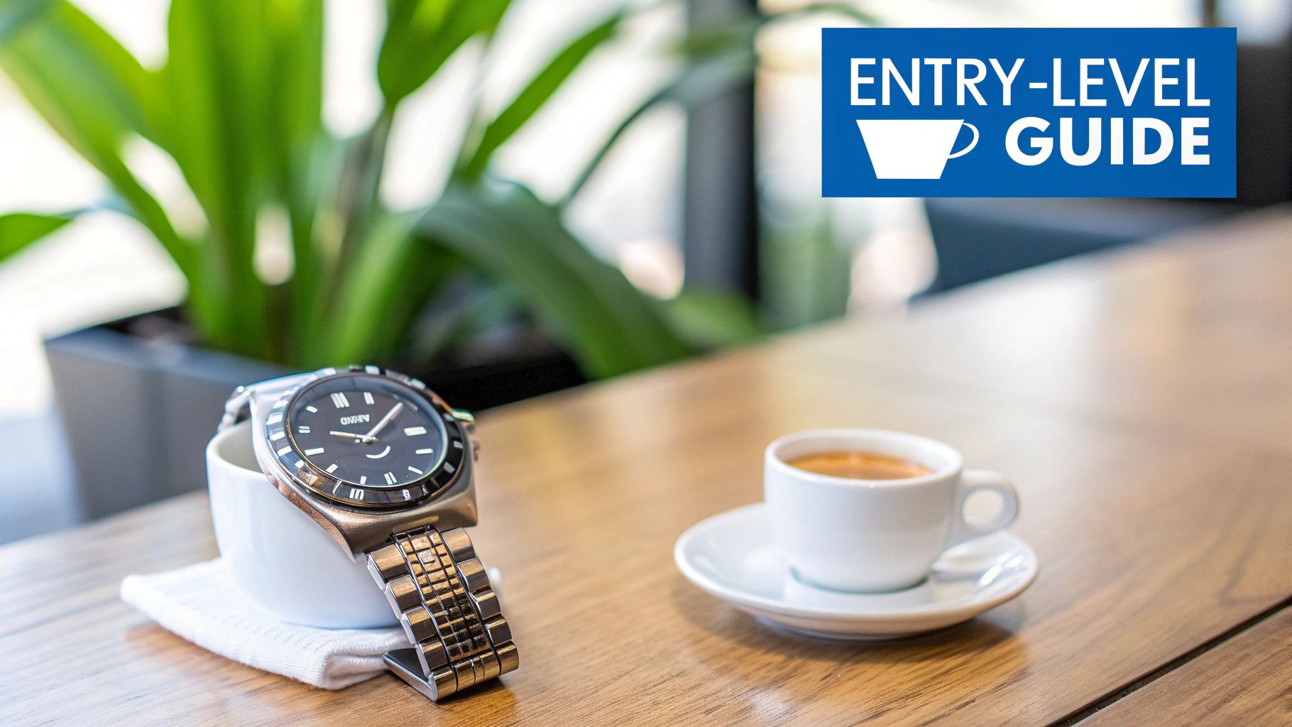 A silver watch rests on a white cup next to an espresso on a wooden table, with an 'ENTRY-LEVEL GUIDE' banner.