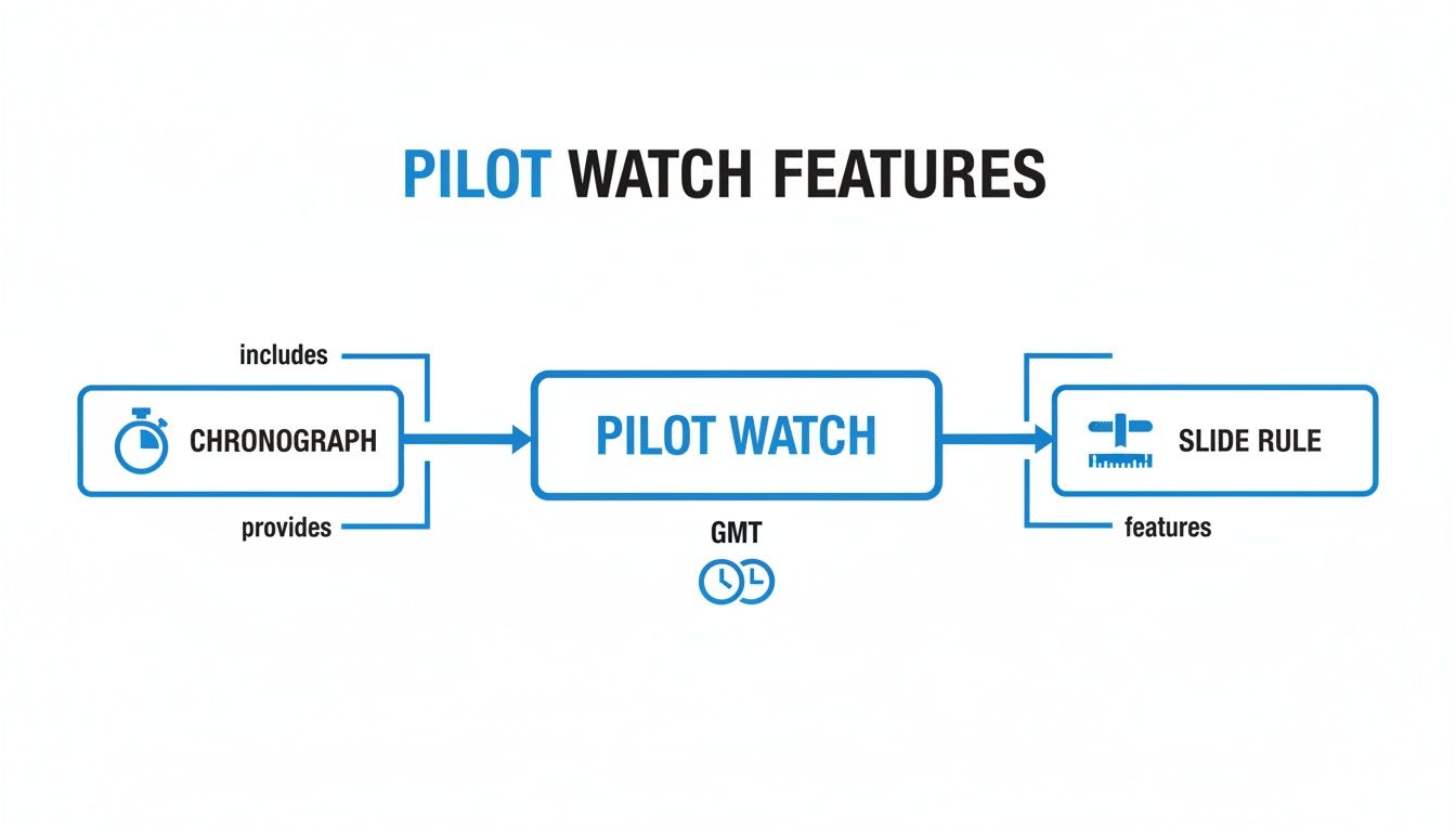 Diagram illustrating pilot watch features, including chronograph, GMT function, and slide rule.