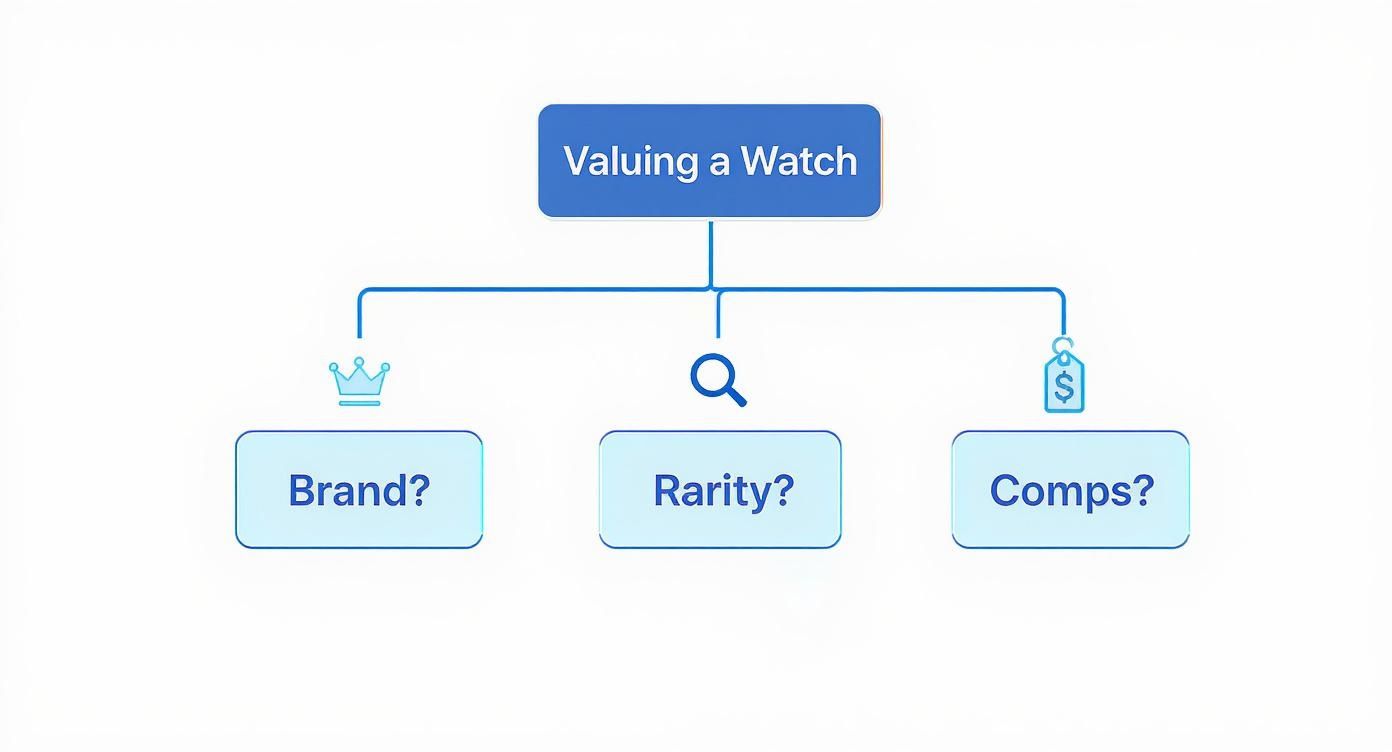 A flowchart showing factors for valuing a watch, including brand, rarity, and comparable sales.