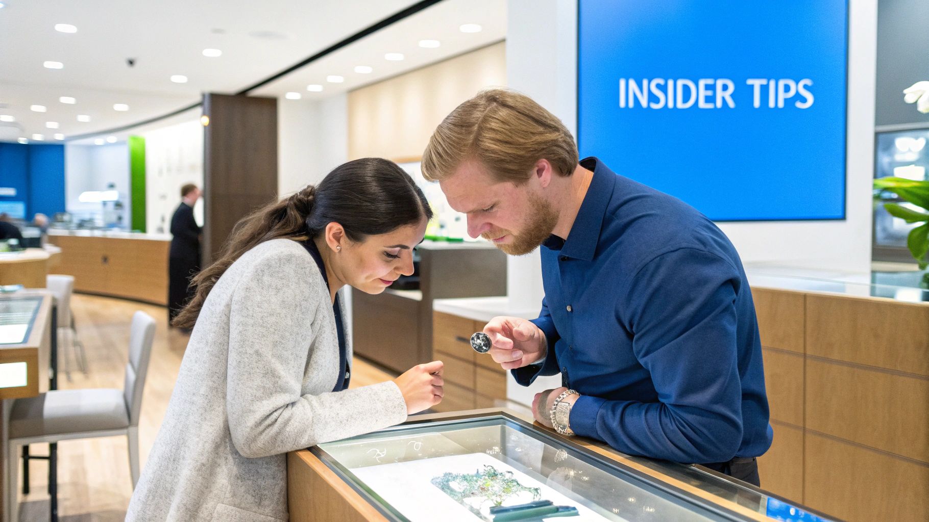 Two people intently examining jewelry inside a display case at a modern store.