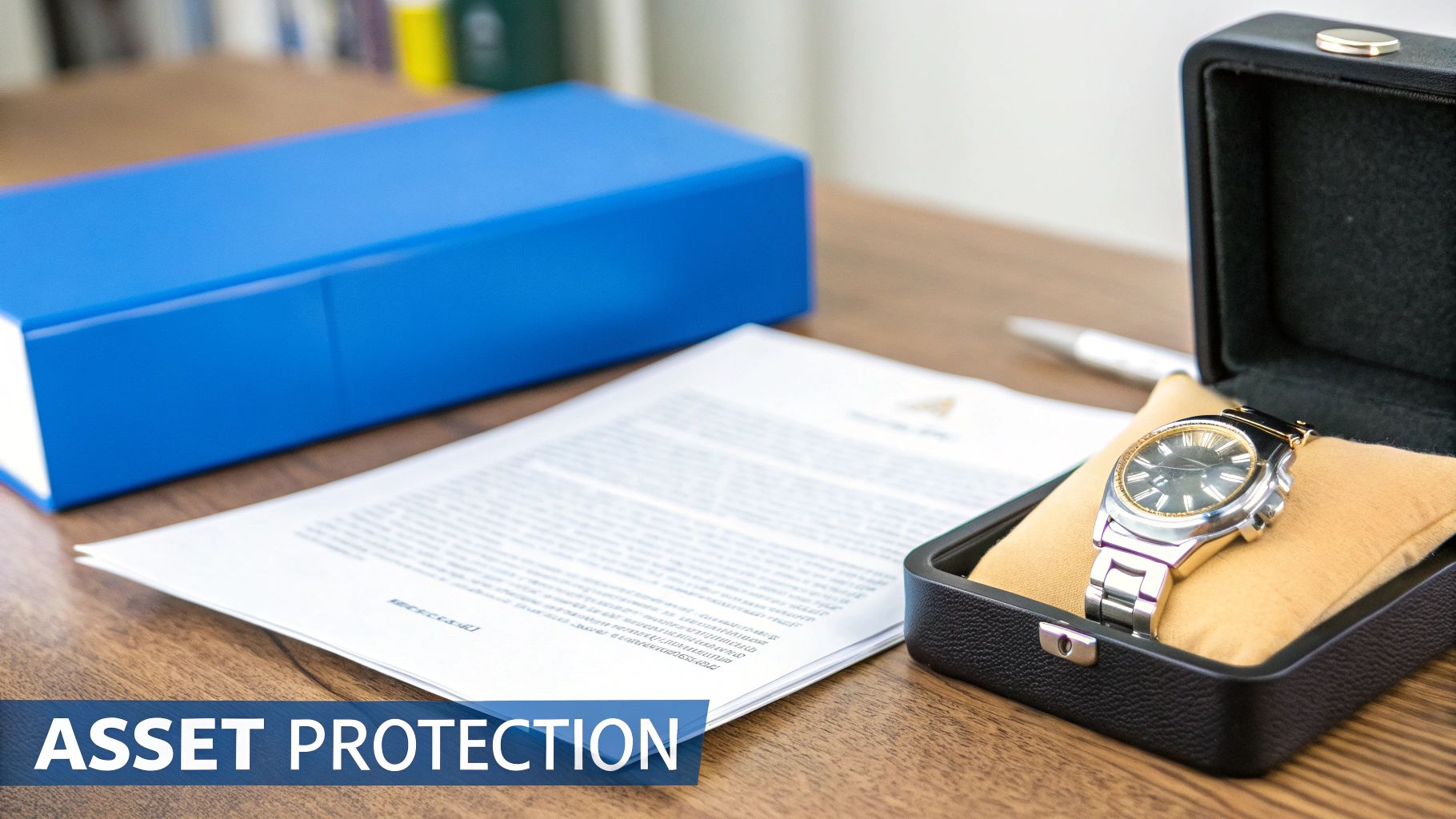 A luxury watch in its box, legal documents, and a blue file box on a desk, representing asset protection.