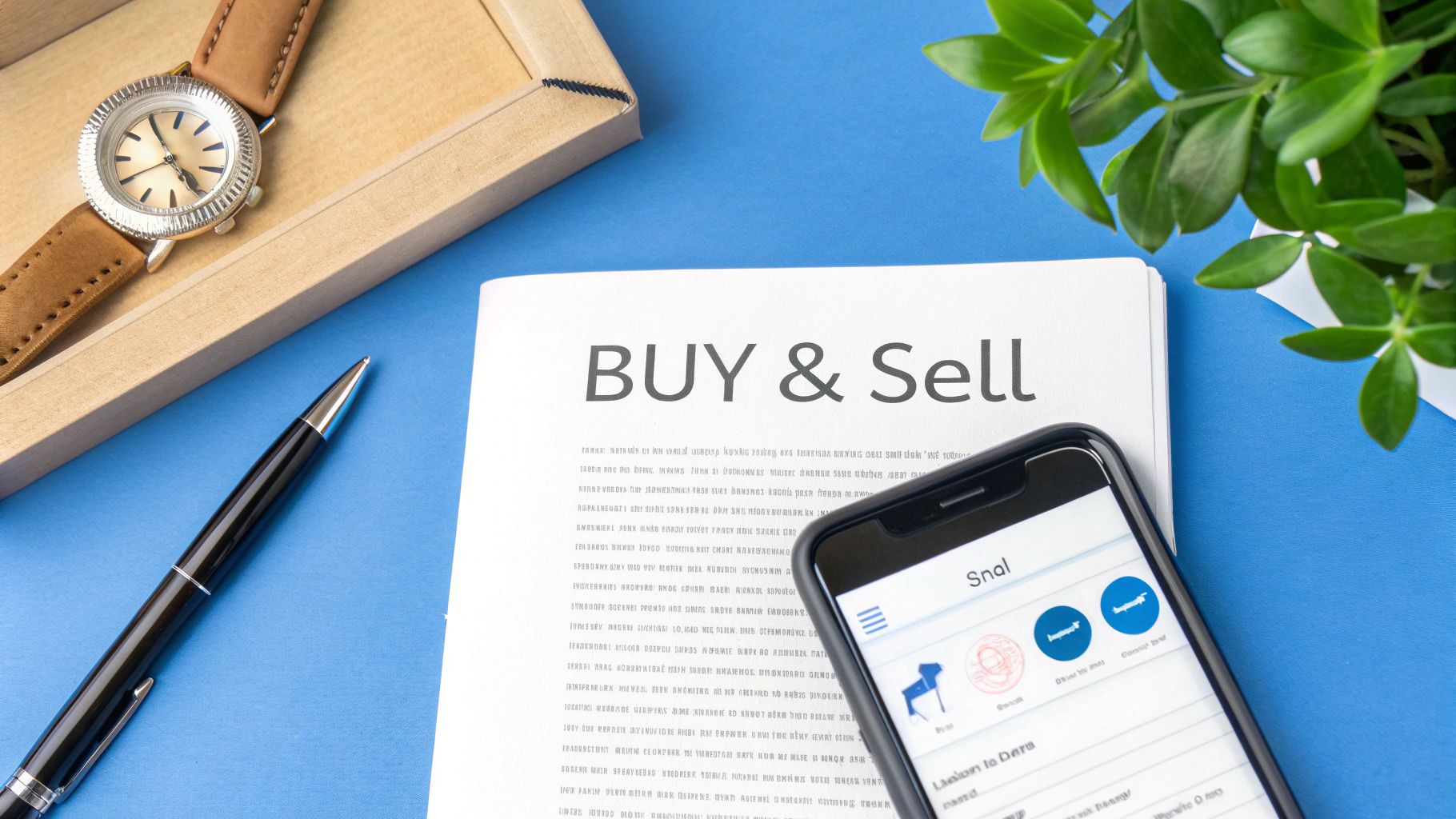 Flat lay of a watch, pen, 'BUY & Sell' document, and smartphone displaying a financial app.