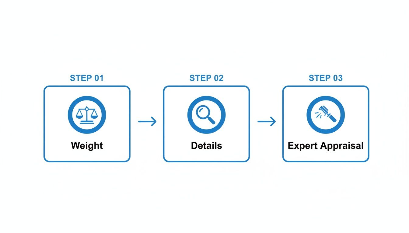 Infographic illustrating a three-step authentication process: weight, details, and expert appraisal.