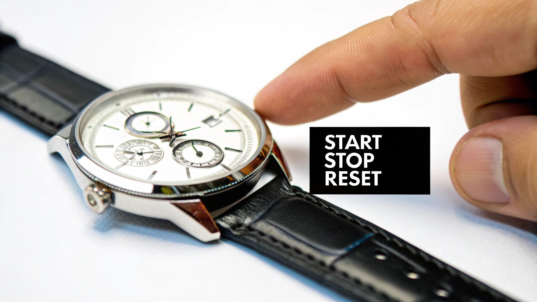 A finger presses the button on a chronograph watch, showing 'START STOP RESET' functions.