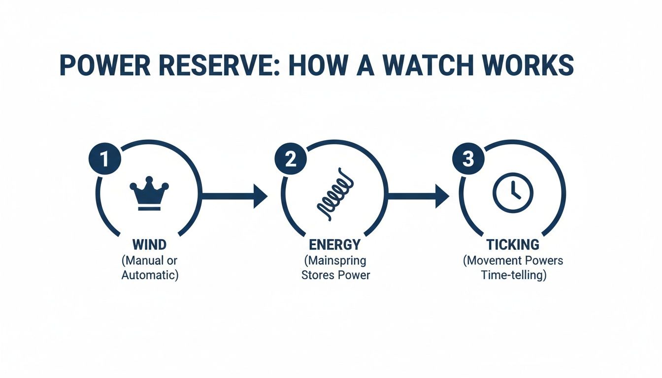 Infographic showing how a watch works: winding (manual/automatic) stores energy in the mainspring for time-telling.