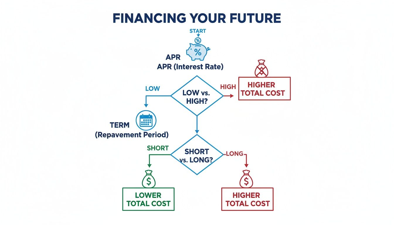 A flowchart titled 'Financing Your Future' illustrating how APR and loan term affect total cost.