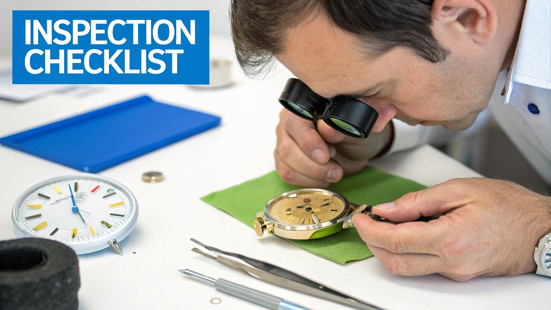 A person inspecting a vintage Rolex watch with a loupe