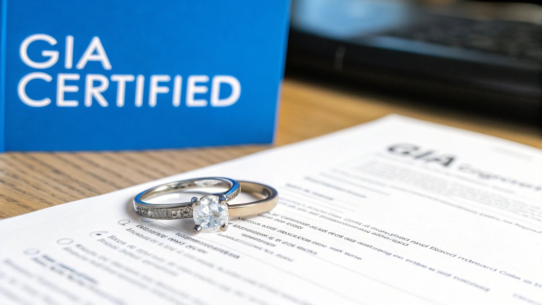 A GIA certified diamond engagement ring and wedding band on top of a certification document.