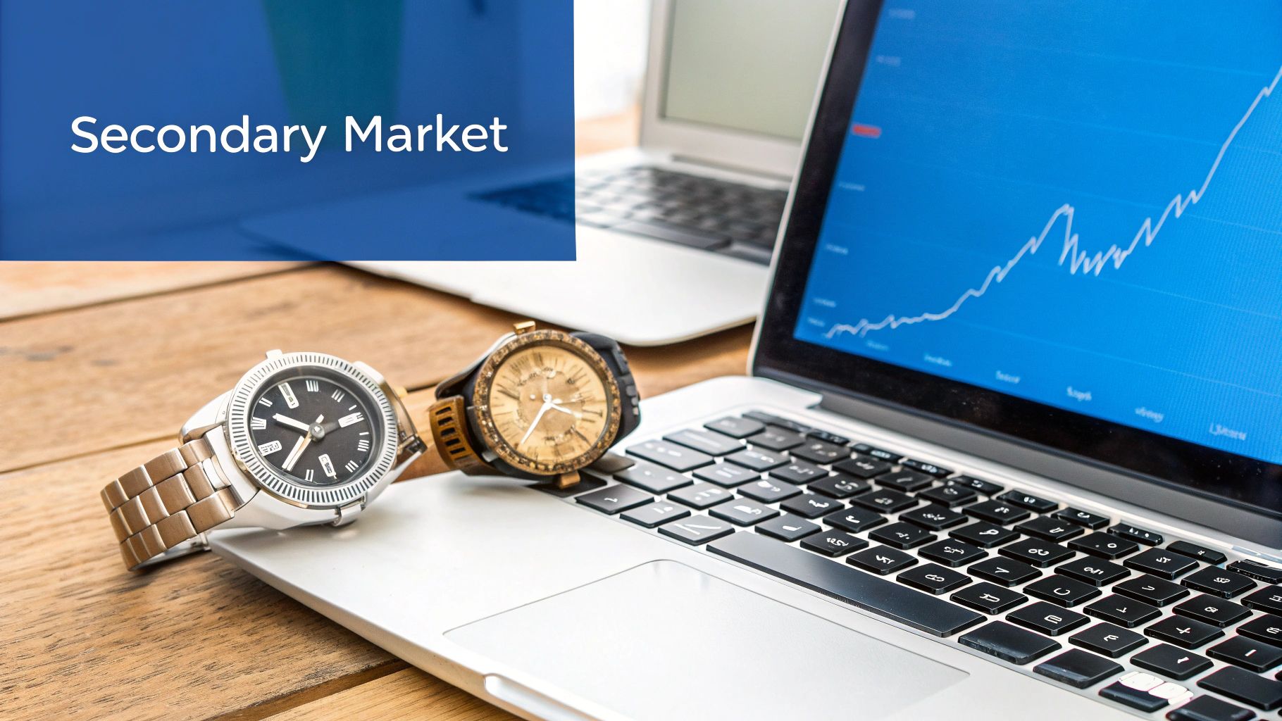 Two wristwatches on a silver laptop displaying a rising financial chart and 'Secondary Market' banner.