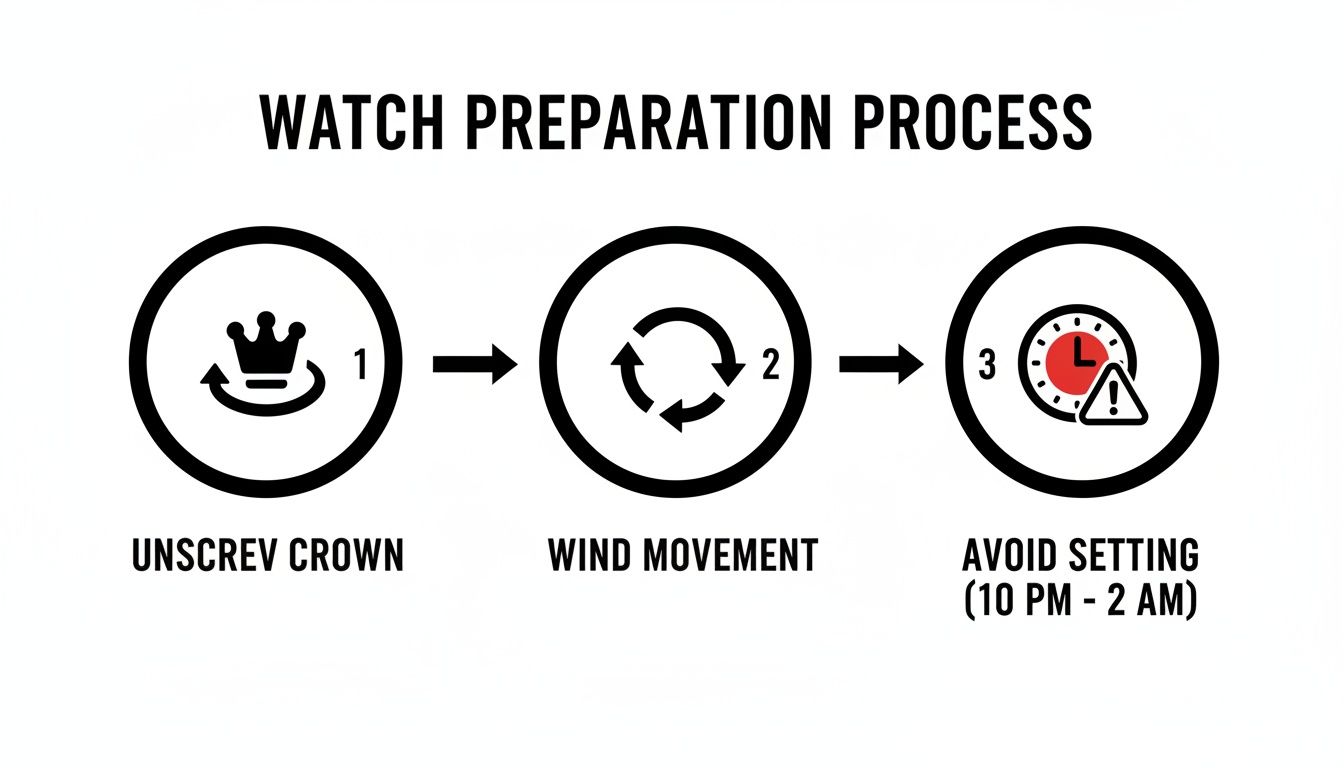 A three-step diagram outlining the watch preparation process: unscrew crown, wind movement, and avoid setting between 10 PM and 2 AM.