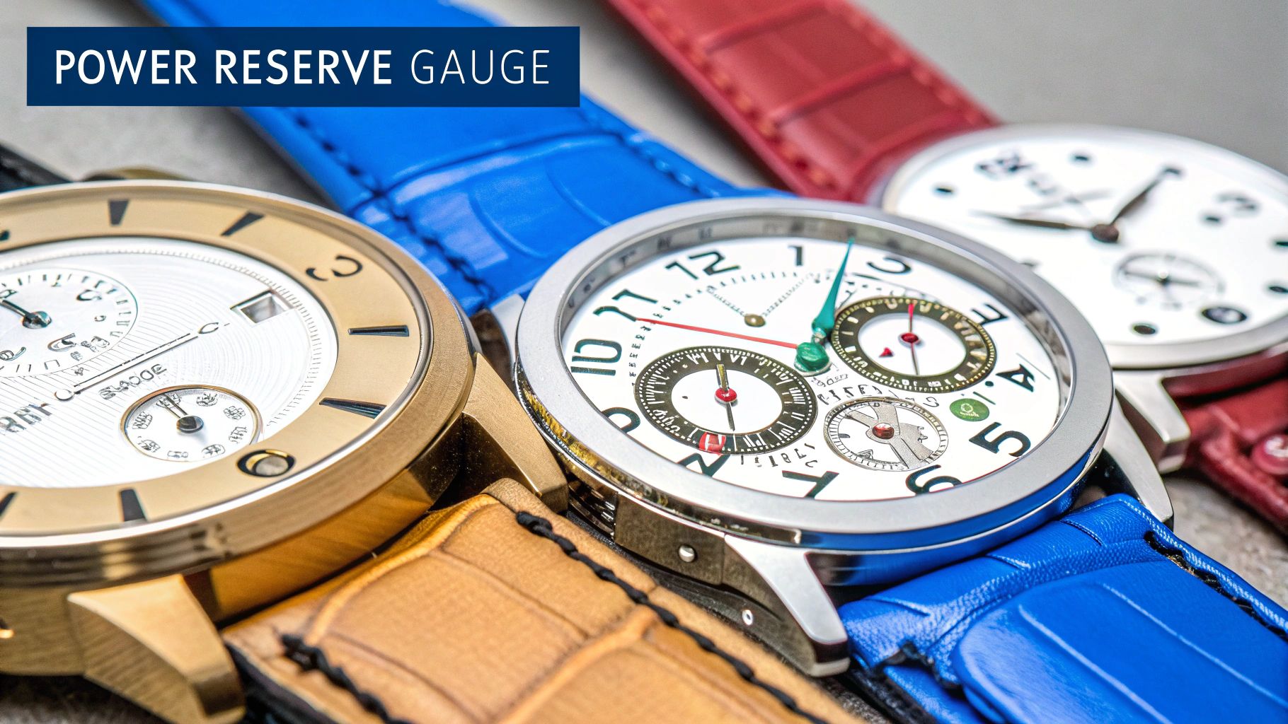Close-up of three luxury watches, prominently displaying power reserve gauges and colorful leather straps.