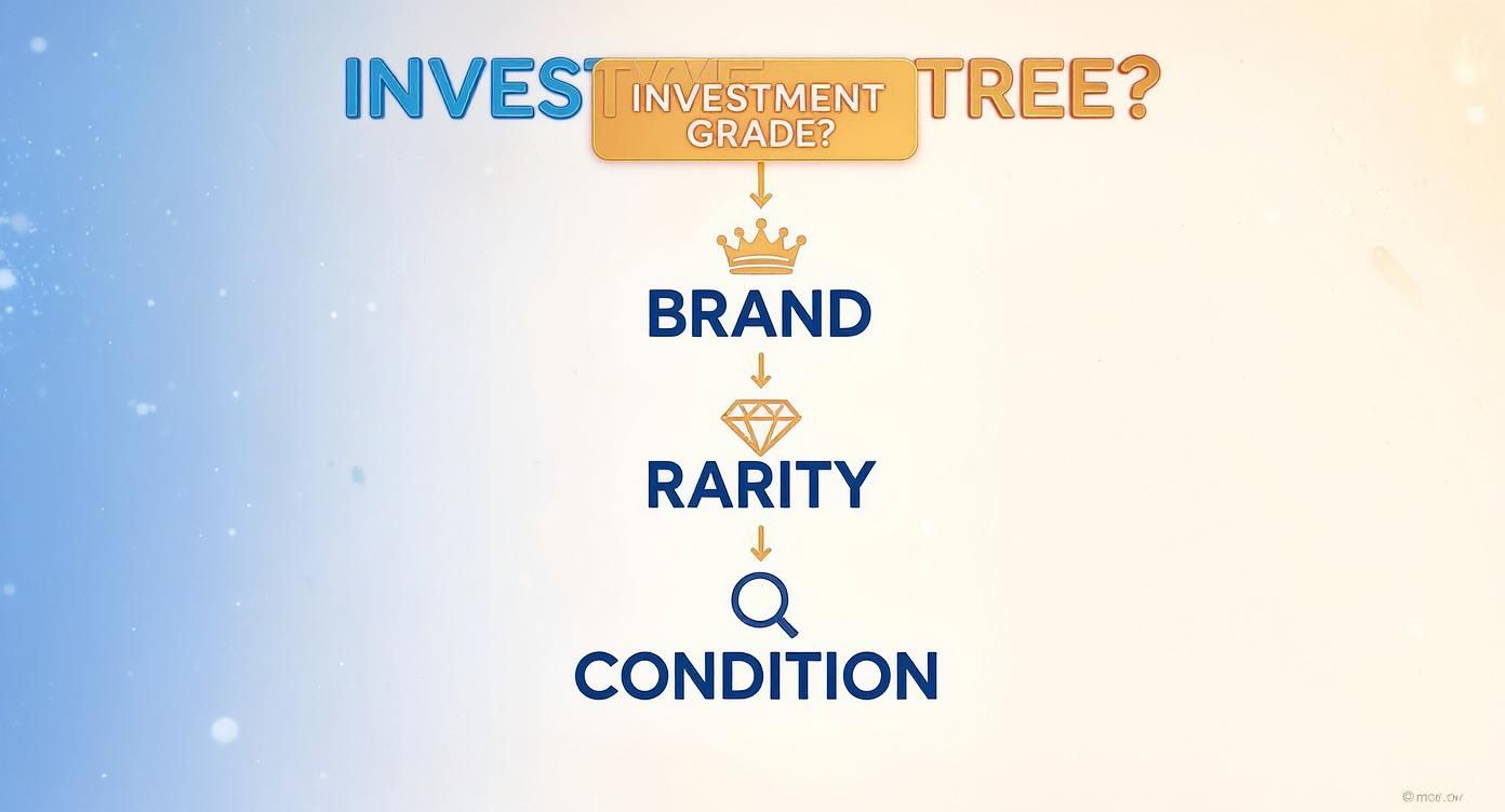 A visual guide illustrating key factors for investment grade items: Brand, Rarity, Condition.
